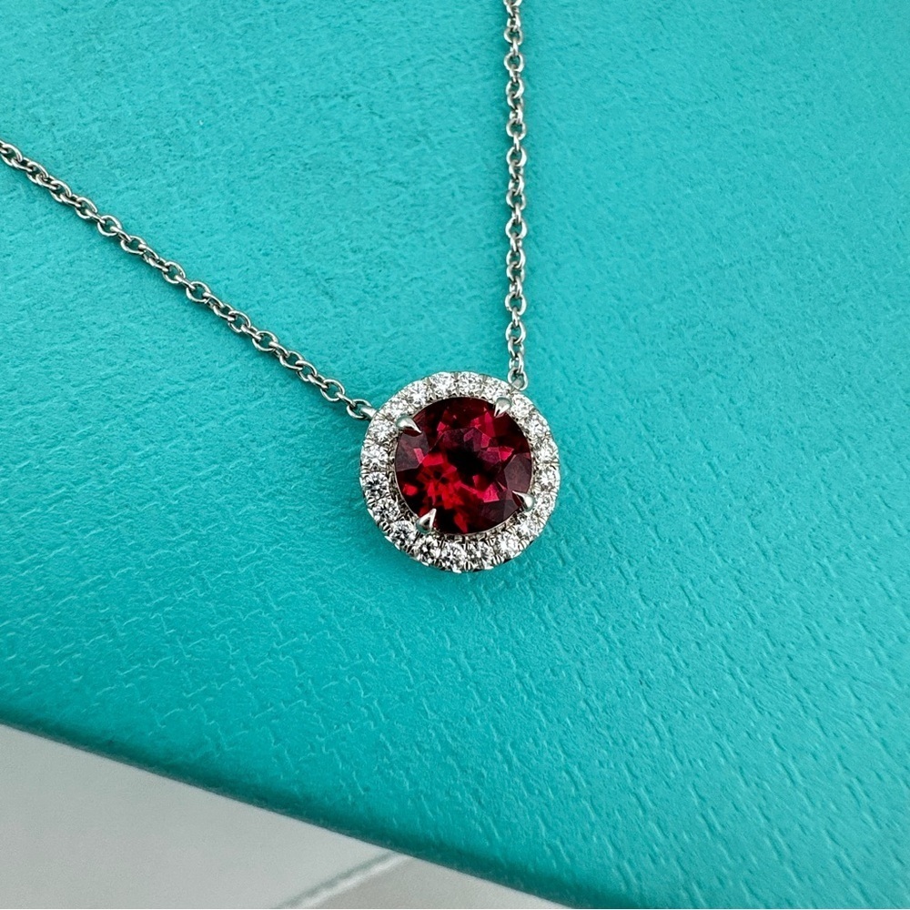 RARE Tiffany & Co. Soleste Rubellite Platinum Diamond Pendant Necklace 16"